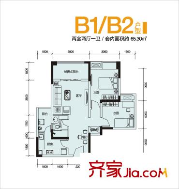 綠地新都會戶型圖一期2號樓標準層B1/B2戶型 2室2廳1衛(wèi)1廚
