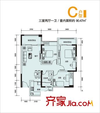 綠地新都會戶型圖一期2號樓標(biāo)準(zhǔn)層C戶型 3室2廳1衛(wèi)1廚