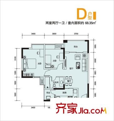 綠地新都會戶型圖一期2號樓標準層D1戶型 2室2廳1衛(wèi)1廚