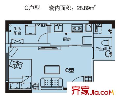 綠地新都會戶型圖一期3幢標準層C戶型 1室1廳1衛(wèi)1廚