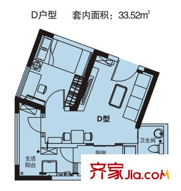 綠地新都會戶型圖一期3幢標(biāo)準(zhǔn)層D戶型 1室1廳1衛(wèi)1廚
