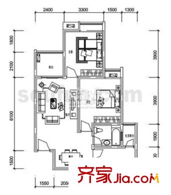 金杜洋光戶型圖B型 2室2廳1衛(wèi)1廚