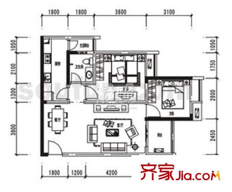 金杜洋光戶型圖4-6號樓C戶型 2室2廳1衛(wèi)1廚