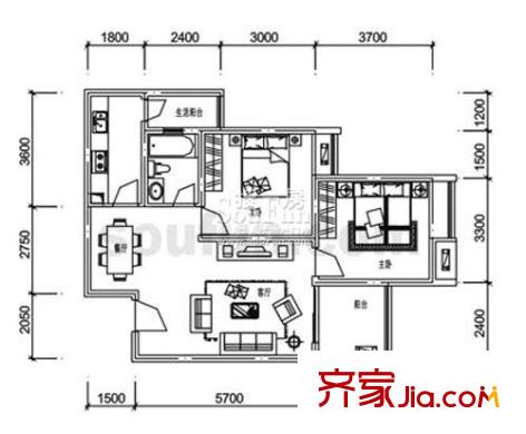 金杜洋光戶型圖E型 2室2廳1衛(wèi)1廚