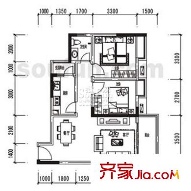 金杜洋光戶型圖4-6號樓B戶型 2室2廳1衛(wèi)1廚