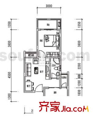 金杜洋光戶型圖4-6號樓E戶型 1室1廳1衛(wèi)1廚