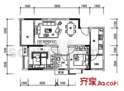 金杜洋光戶型圖4-6號樓D戶型 2室2廳1衛(wèi)1廚
