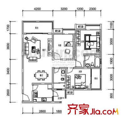 金杜洋光戶型圖D型 3室2廳2衛(wèi)1廚