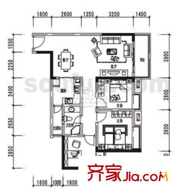 金杜洋光戶型圖4-6號樓A戶型 3室2廳1衛(wèi)1廚