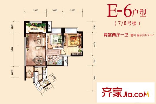 御龍?zhí)旆逡黄?、8號樓標(biāo)準(zhǔn)層E-6戶型 2室2廳1衛(wèi)1廚