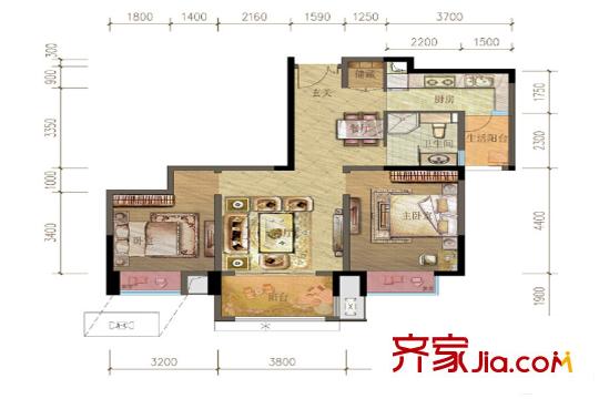 御龍?zhí)旆逡黄阢K庭組團12號樓標(biāo)準(zhǔn)層B-1戶型 2室2廳1衛(wèi)1廚