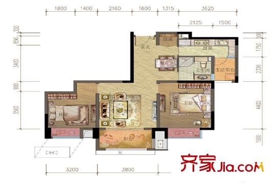 御龍?zhí)旆逡黄阢K庭組團11號樓標(biāo)準(zhǔn)層B-1'戶型 2室2廳1衛(wèi)1廚