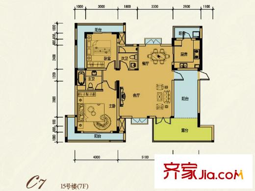 半山七號(hào)戶(hù)型圖二期洋房15號(hào)樓7層C7戶(hù)型 2室2廳2衛(wèi)1廚