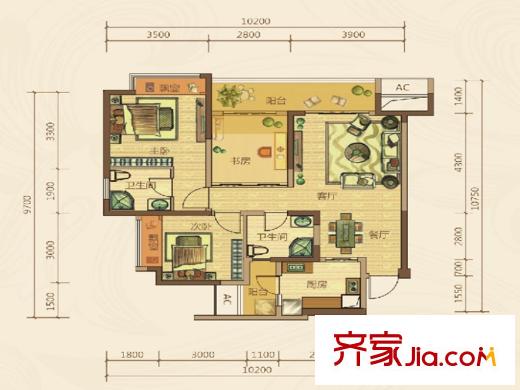 東原香郡戶型圖一期東區(qū)8號樓標(biāo)準(zhǔn)層C1戶型 2室2廳2衛(wèi)1廚