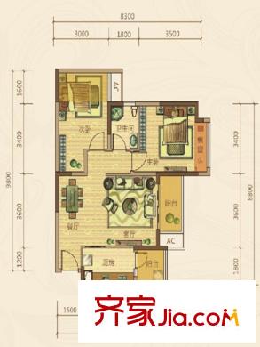 東原香郡戶型圖一期東區(qū)8號樓標(biāo)準(zhǔn)層B1戶型 2室2廳1衛(wèi)1廚