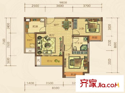 東原香郡戶型圖一期東區(qū)8號樓標(biāo)準(zhǔn)層B2戶型 2室2廳1衛(wèi)1廚