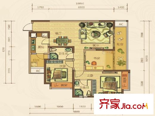 東原香郡戶型圖一期東區(qū)8號樓標(biāo)準(zhǔn)層C2戶型 2室2廳2衛(wèi)1廚