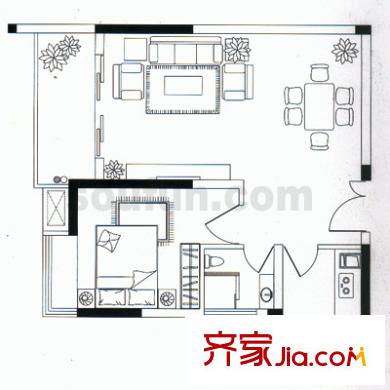 典雅龍海港灣戶型圖D座B戶型 1室2廳1衛(wèi)1廚