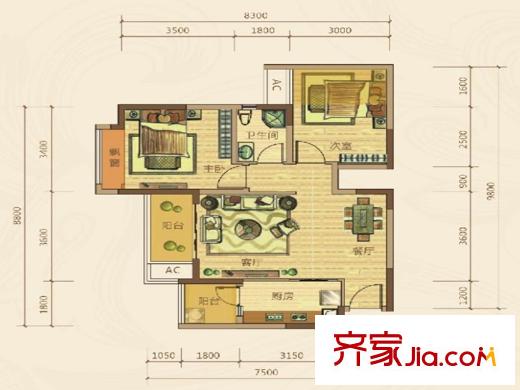 東原香郡戶型圖一期東區(qū)8號樓標(biāo)準(zhǔn)層B3戶型 2室2廳1衛(wèi)1廚