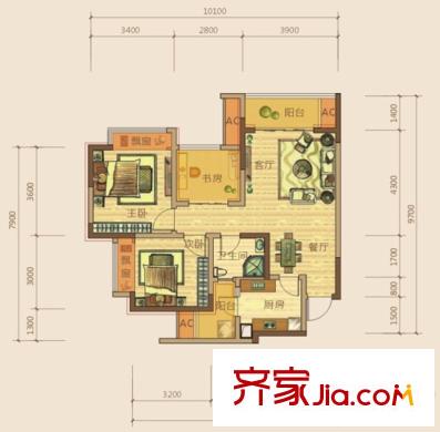 東原香郡戶型圖一期東區(qū)6號樓30-33層C1戶型 2室2廳1衛(wèi)1廚