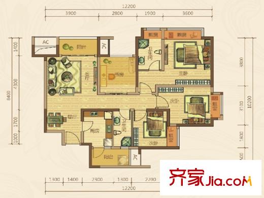 東原香郡戶型圖一期東區(qū)8號樓標(biāo)準(zhǔn)層D1戶型 3室2廳2衛(wèi)1廚