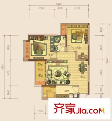 東原香郡戶型圖一期東區(qū)6號樓30-33層C7戶型 2室2廳1衛(wèi)1廚