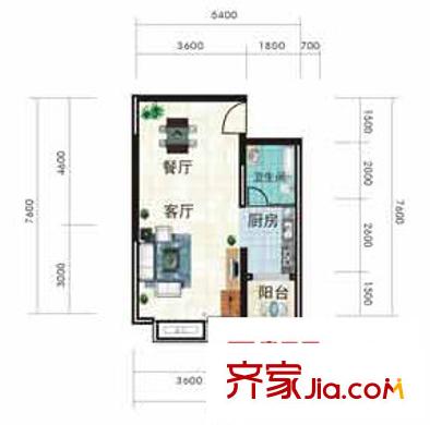 香草天空戶型圖C型(下層) 2廳1衛(wèi)1廚