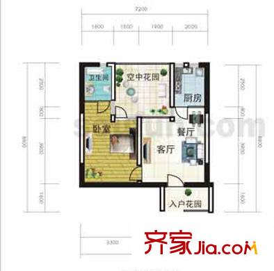 香草天空戶型圖L型 1室2廳1衛(wèi)1廚