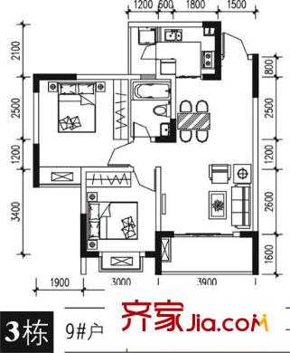 亞熱帶雅居戶(hù)型圖3棟9號(hào)戶(hù)型 2室2廳1衛(wèi)1廚