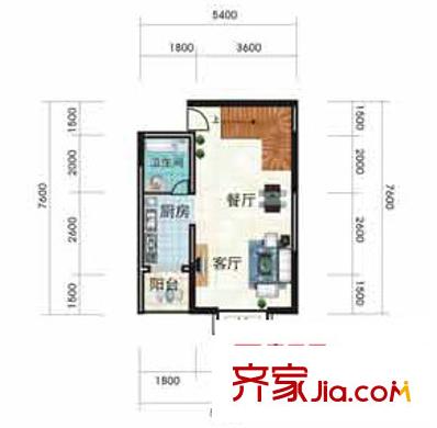 香草天空戶型圖D型(下層) 2廳1衛(wèi)1廚