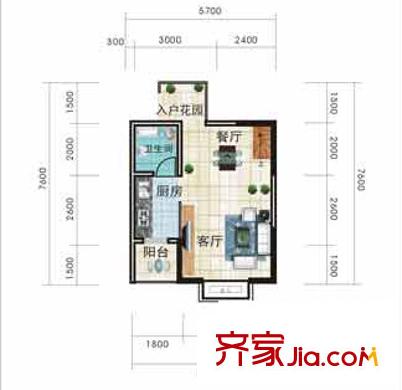 香草天空戶型圖B型(下層) 2廳1衛(wèi)1廚