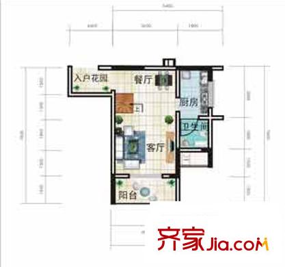 香草天空戶型圖A型(下層) 2廳1衛(wèi)1廚