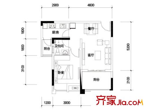 首創(chuàng)光和城一期LOFT公寓標準層B戶型 1室2廳1衛(wèi)1廚
