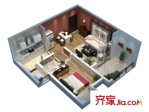 首創(chuàng)光和城一期LOFT公寓標準層B戶型模型圖 1室2廳1衛(wèi)1廚
