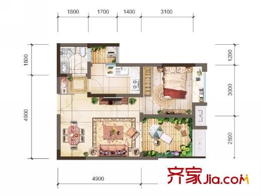 首創(chuàng)光和城一期2號(hào)樓標(biāo)準(zhǔn)層E戶型 1室2廳1衛(wèi)1廚