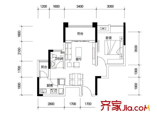 首創(chuàng)光和城一期LOFT公寓標準層D戶型 1室2廳1衛(wèi)1廚