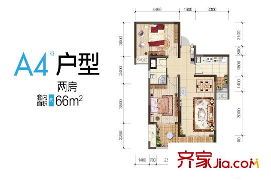 首創(chuàng)光和城三期2/4號(hào)樓標(biāo)準(zhǔn)層A4戶型 2室2廳1衛(wèi)1廚