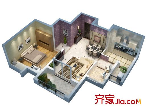 首創(chuàng)光和城一期LOFT公寓標(biāo)準(zhǔn)層D戶型模型圖 1室2廳1衛(wèi)1廚