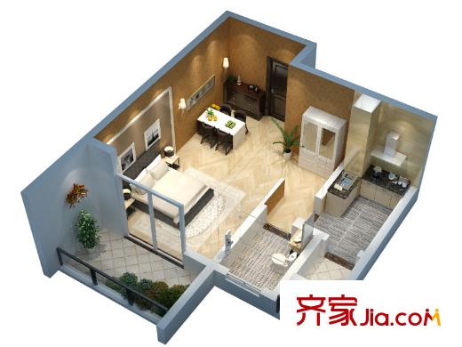 首創(chuàng)光和城一期LOFT公寓標(biāo)準(zhǔn)層C戶型模型圖 1室1廳1衛(wèi)1廚