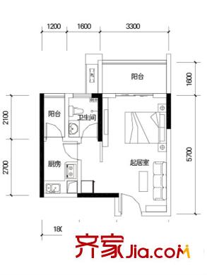 首創(chuàng)光和城一期LOFT公寓標(biāo)準(zhǔn)層C戶型 1室1廳1衛(wèi)1廚