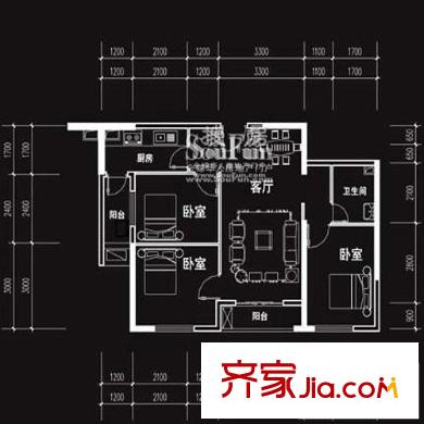 時代YOHO戶型圖1-6型 3室1廳1衛(wèi)1廚