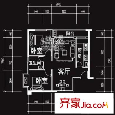 時代YOHO戶型圖1-9型 2室1廳1衛(wèi)1廚