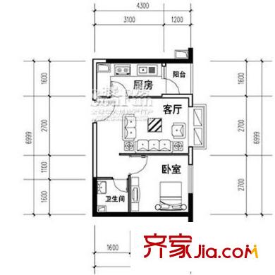 時代YOHO戶型圖1-3型 1室1廳1衛(wèi)1廚