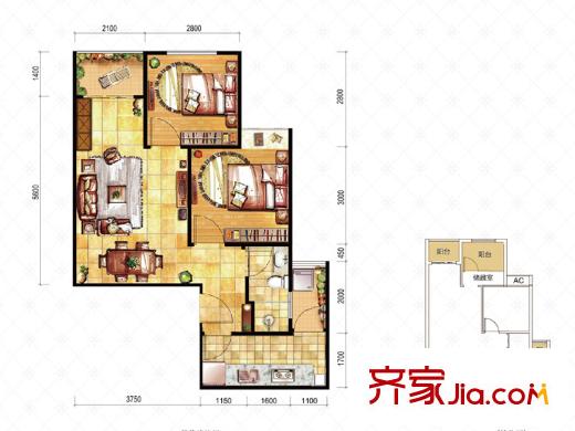 東原桐麓一期1號(hào)樓標(biāo)準(zhǔn)層B1戶型 2室2廳1衛(wèi)1廚