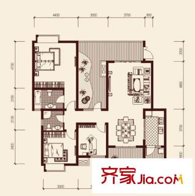 龍湖悠山庭院戶型圖C5-2戶型 3室2廳2衛(wèi)1廚