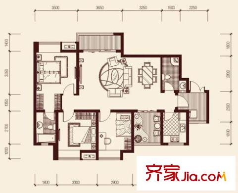 龍湖悠山庭院戶型圖C1-1戶型 3室2廳2衛(wèi)1廚