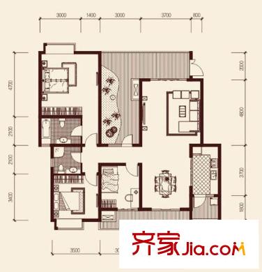 龍湖悠山庭院戶型圖C4-2戶型 3室2廳2衛(wèi)1廚