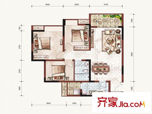 富力城傾城里一期2號樓標(biāo)準(zhǔn)層C4戶型 3室2廳1衛(wèi)1廚
