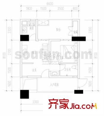 和旭QQ時代戶型圖A-3 1室1廳1衛(wèi)1廚