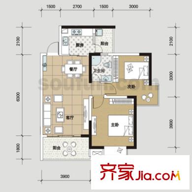 好利來上島酈舍戶型圖B3型 2室2廳1衛(wèi)1廚